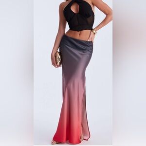 Fashion Nova Ombre Satin Maxi Skirt in Black to Red